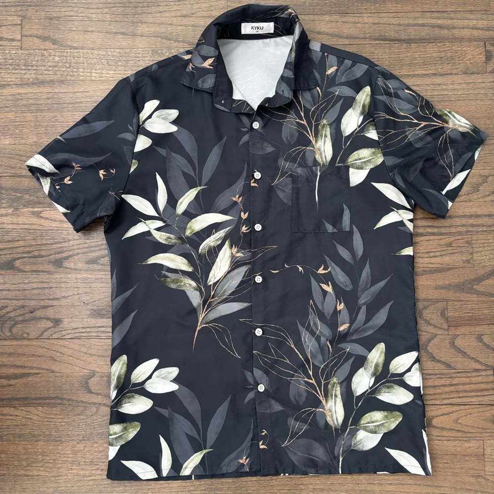Leafy Black Button-Up Shirt